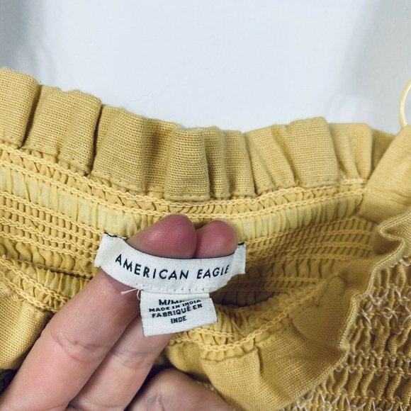 🛑 American Eagle Women's Smocked Bodycon Mini Dress Yellow Linen Blend NWT - Picture 6 of 13